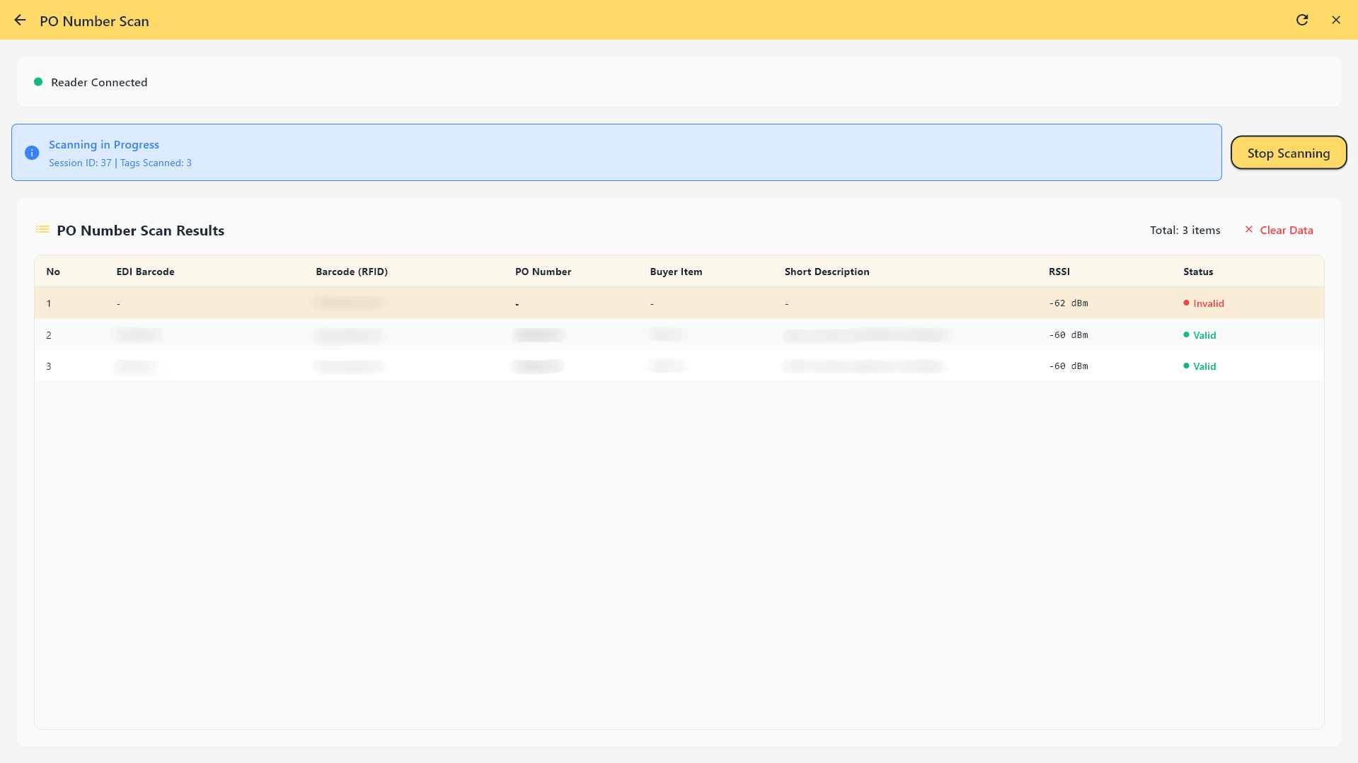 PO Number Scan - Connected & Scanning